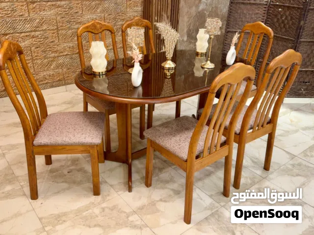 طاولة سفرة 6كراسي modern خشب زان وتك صلد لوح زجاج للحماية من الخدوش قماش جيكار فاخر
