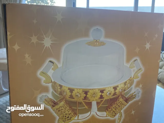Gold and crystal platter for Dessert or cake or sweets with plates and spoons حامل ذهبي مع كريستال