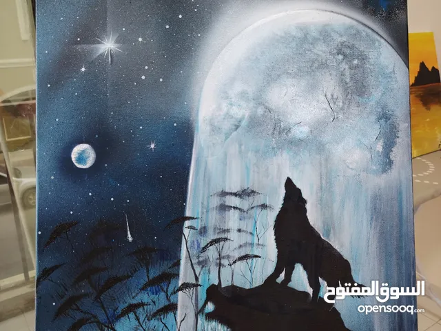Beautiful Hand-Painted Wolf and Moon Painting – Night Sky Wall Art on Canvas – Original oil color