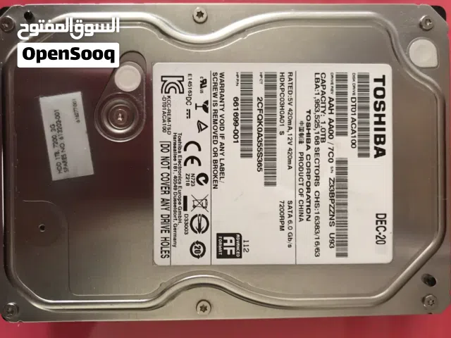 هارد ديسك TOSHIBA سعة 1 تيرا بايت  1000 جي بي من توشيبا اليابانية يصلح PC واجهزة المراقبة والكاميرات