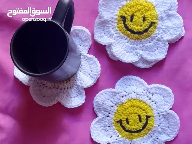 handmade crochet smiley face flower coasters white and yellow