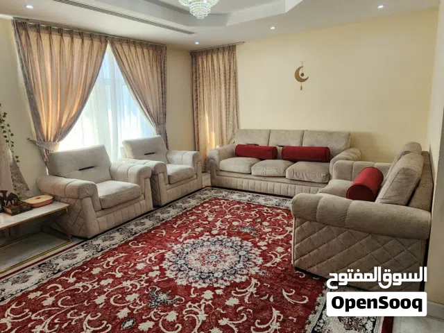 Beige upholstered living room set with red accent cushions - 3+1+1+2 w/curtains