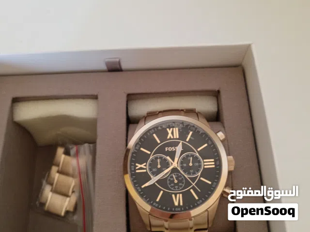 ساعة Fossil رجالي أصلية لون ذهبي مينا أسود مع كامل ملحقاتها