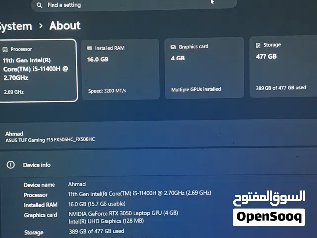 لاب توب Asus tuf gaming f15 للبيع   model : fx506h