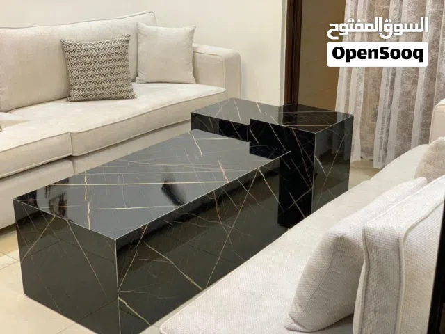 طاولة معيشة وسط مع طاولتين جانبيتين خشب بديل رخام