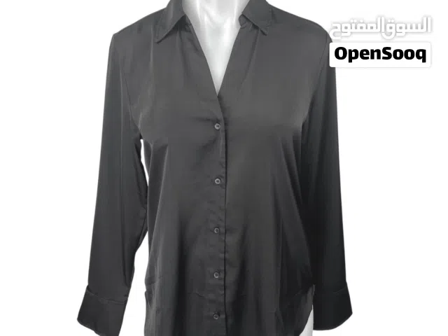 H&M Black Silk Satin Long Sleeve V Neck Button Down Shirt Blouse Top Size XS