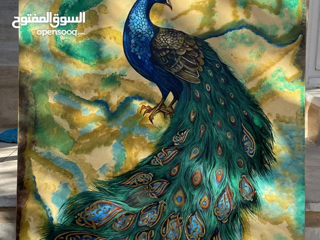 لوحة أصلية وفريدة: الطاووس بأسماء الله الحسنى – رسم وخط عربي إسلامي من عمل فنان إيراني