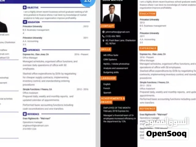 كتابة و تصميم السيرة الذاتية cv ممتازة و احترافي
