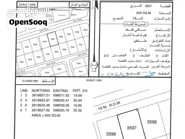 للبيع ارض سكنية ممتازة في بركاء حي عاصم مخطط المدينة وسطية، رقم القطعة (3597) .