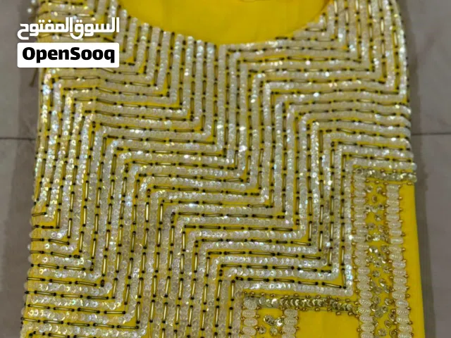 ثوب مصري تطريز يدوي خرز  قماش قطني لون اصفر.. مستعمل مره حالة ممتازة كالجديد .