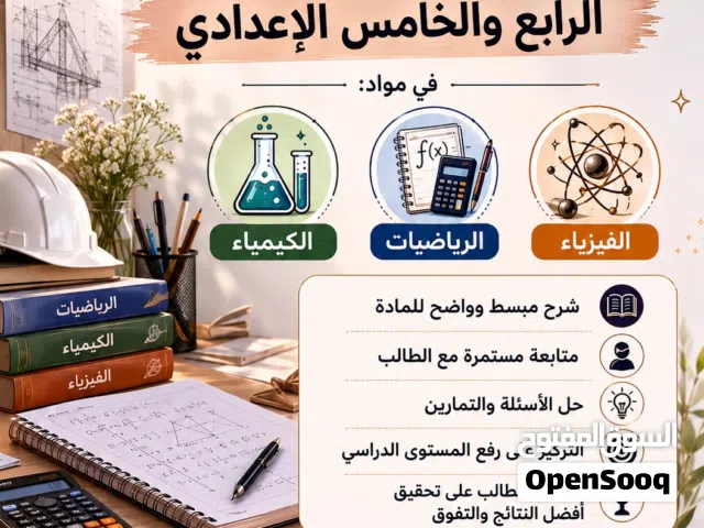 مدرسة خصوصية خريجة هندسة مدنية لتدريس الرياضيات والكيمياء والفيزياء للرابع والخامس الإعدادي