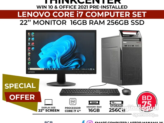 Lenovo Core i7 Computer Set 16GB Ram 256GB SSD 22" FHD Monitor Windows 10 Pro Office -