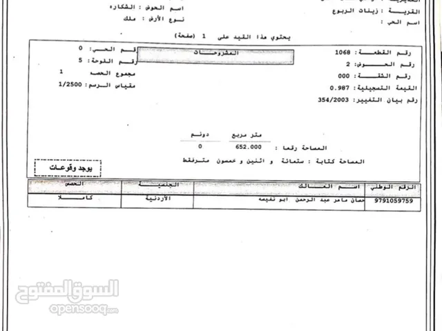 أرض مساحة 652 متر2 على واجهة شارعين 20م للبيع من المالك مباشرة في زينات ربوع-شكارة- بمنطقة شفابدران