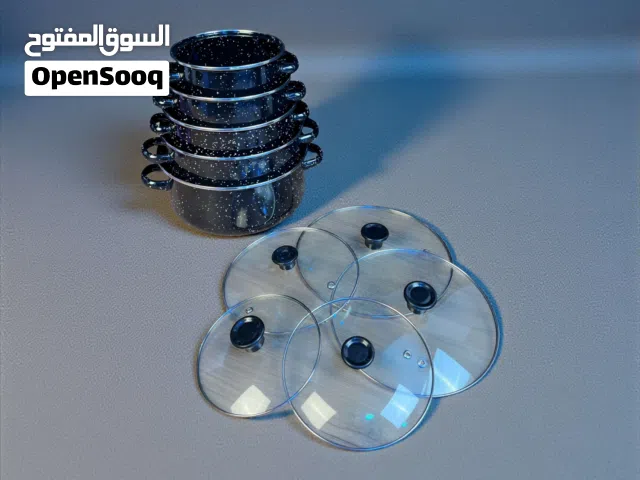 طقم قدور مينا فاخر 5 قطع بغطاء زجاجي – تصميم مرقّط مقاوم للحرارة