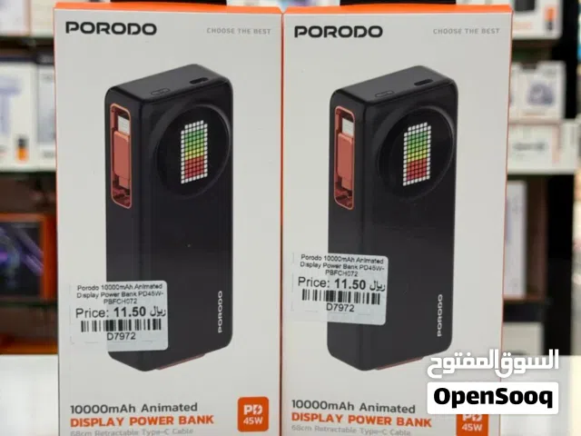 Porodo 10000mAh Animated Display Power Bank 68Cm Retractable Type-C - Black