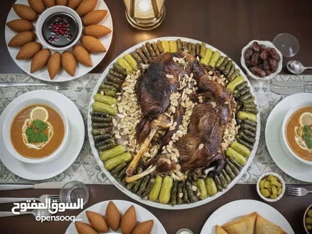 خروف مشوي او محشي ارز ولحم او محشي ورق  عنب دوالي + صدر ارز وسلطة ولبن من مطبخ غداك عنا