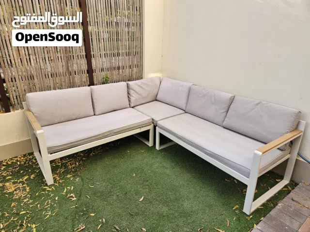Outdoor bench sofa with cushions - white frame, light grey cushions
