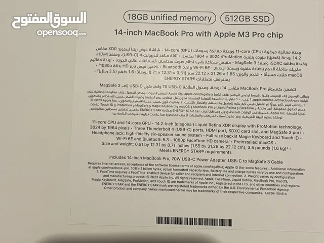 Macbook m3 pro chip ,arabic english keyboard اخر قطعه ضمان سنه علبة متبرشمة
