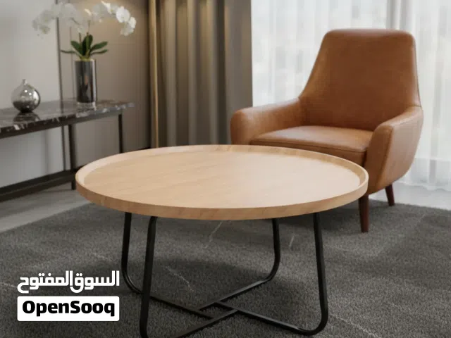 طاولة قهوة دائرية خشبية بتصميم عصري وقاعدة معدنية سوداء - RDT-622