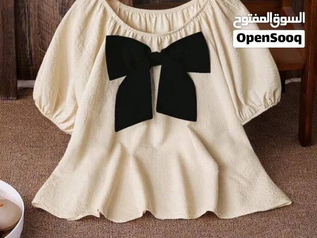 قميص نسائي فضفاض عارض ملون بأكمام منتفخة قصيرة وياقة مستديرة مزين بفيونكة  مقاس  XL