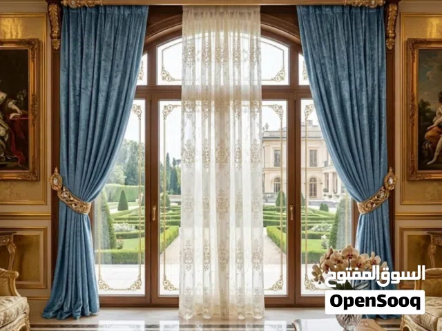 عرض خاص اخر حبتين. طقم ستائر ملكي ثقيل 3 قطع فاخر خارجي قماش مخملي لامع مع شيفون
