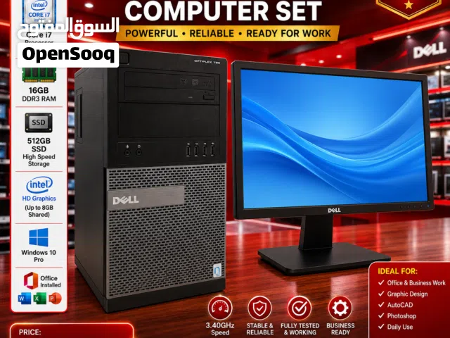 Dell Core i7 Computer Set 3.30Ghz 16GB Ram 512GB SSD win 10 Monitor 19 HD