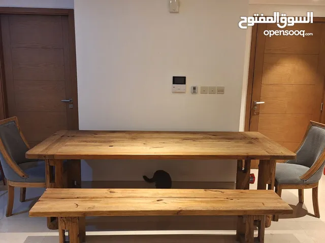 Set of wooden table, bench and 2 chairs
