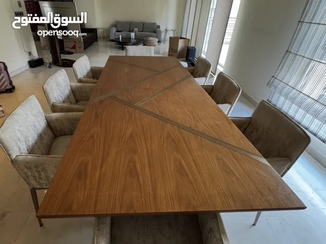 Modern Wood & Metal Dining Table, 8 Upholstered Chairs and buffet