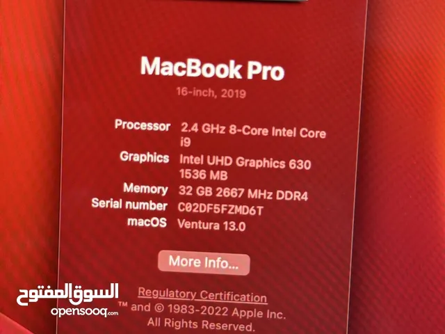 MacBook Pro core i9 32gb ram 2Tb ssd 8gb Graphics card