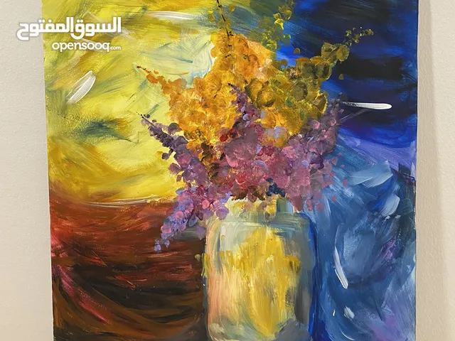 لوحة مزهرية زهور ملونة مرسومة باليد للبيع و يوجد خيار وضع فريم