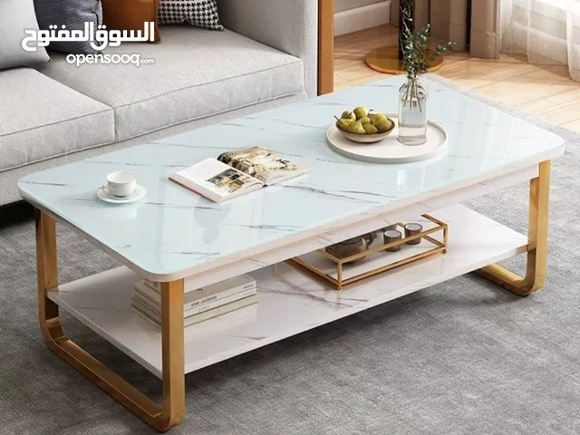 طاولة وسط خشب ابيض ماربل شكل مستطيل و بهيكل معدني  المقاس     120*60*42سم