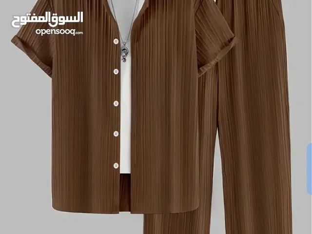 2pcs Men's Solid Color Textured Short Sleeve Shirt + Pants Set, Casual Co-ord Set for Summer