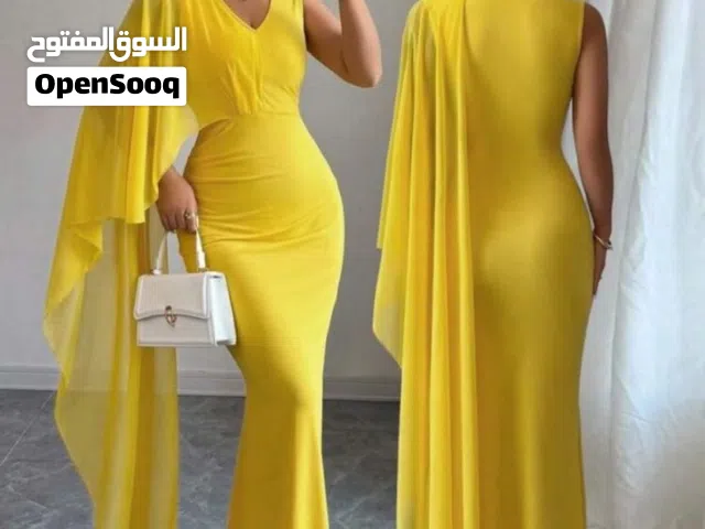 فستان اصفر بقصة جديدة حلوة قصة الشال على كتف واحد