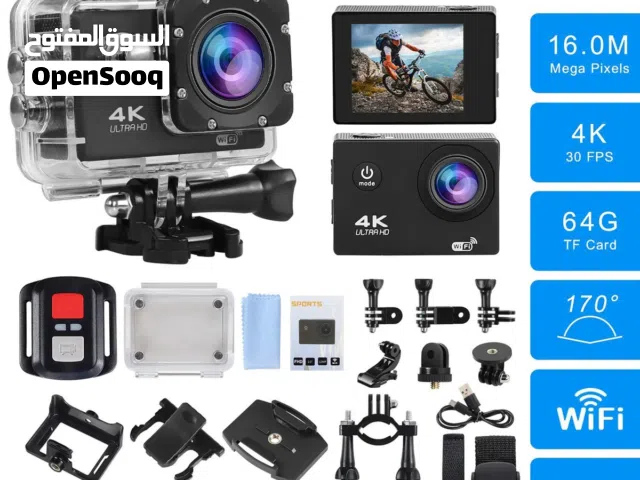 كاميرا أكشن 4K واي فاي + علبة ضد الماء + جميع الاكسسوارات + قاعدة سيارة