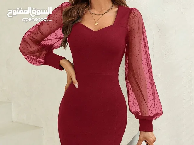 SHEIN dark red square necked beautiful date night dress with net puffy sleeves