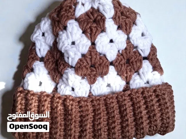 Handmade crochet soft and chunky diamond stitch beanie adult size brown and white