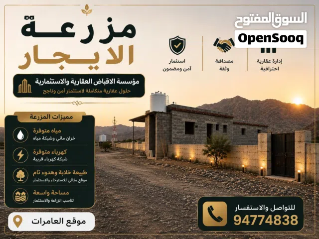 للإيجار ارض استثمار زراعي وحيواني - العامرات / المنظريه