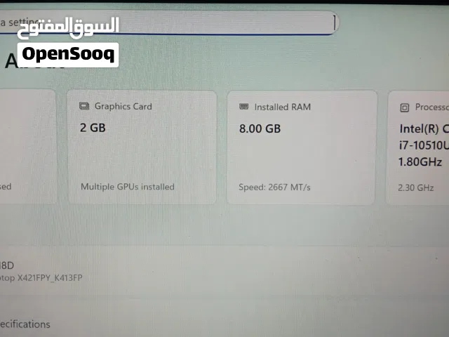 للبيع لابتوب Asus VivoBook مستعمل بحالة جيدة i7 10th gen مع كرت Nvidia