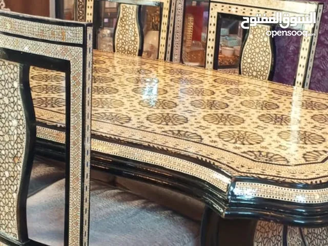 طقم سفرة مصدف أنتيك طاولة مع ستة كراسي بوفيه زجاج اربع جوارير بوفيه مراه ثلاث دفات