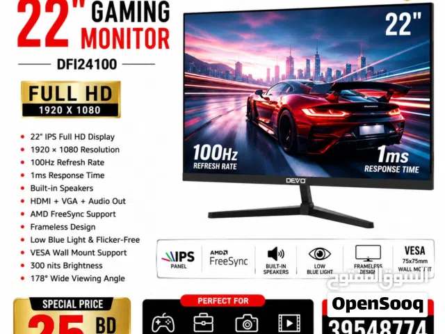 DEVO 22" GAMING MONITOR 100Hz Refresh 1ms Response Time Built-in Speakers HDMI,VGA,-Call / WhatsApp