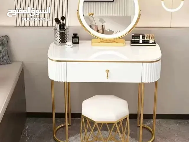 Modern Makeup Vanity Table with Mirror and Chair, Dressing Table with 2 Drawers and Gold Metal Frame