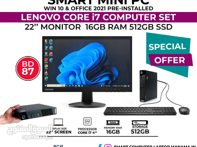 Lenovo Core i7 Smart Mini PC Set 16GB Ram 512GB SSD 22" HD Monitor Windows 10 Pro Office -