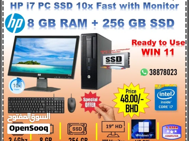 HP Core i7 3.4Ghz 8GB RAM 256GB SSD 19" Monitor Computer Set SSD 10x Fast Ready To Use