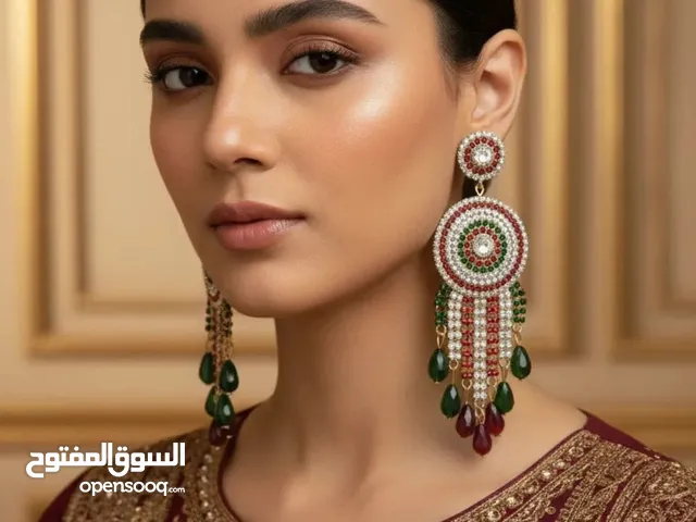 Luxury Bridal Earrings with Red & Green Gem Accents