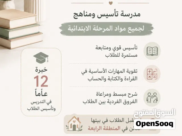 معلمة تأسيس وتدريس مناهج لجميع صفوف المرحلة الابتدائية