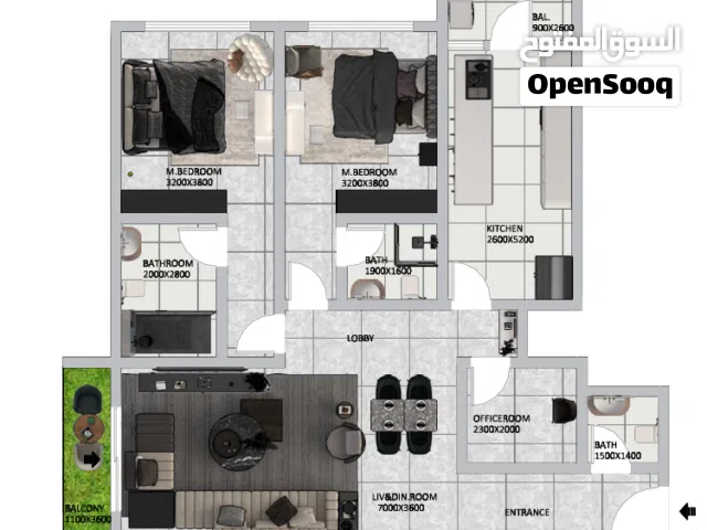 2BHK-شقة مكونه من غرفتين +غرفة خادمه + بلكون