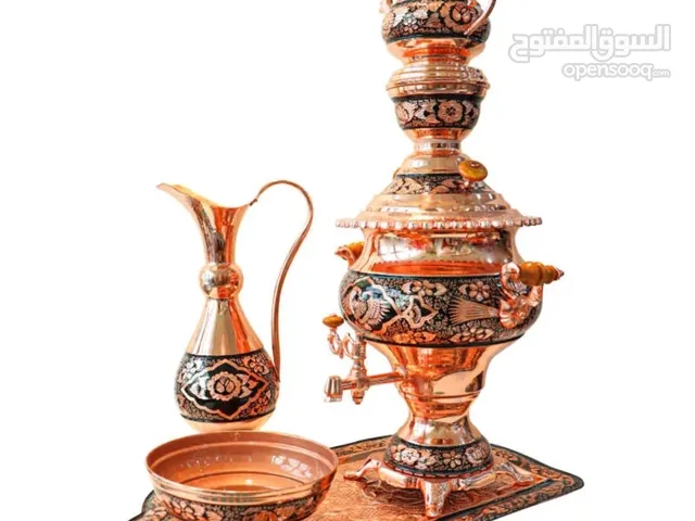 طقم ساموفار نحاسي من خمس قطع، مقطوع بالماس، نصف مقطوع، تصميم شاه عباسي