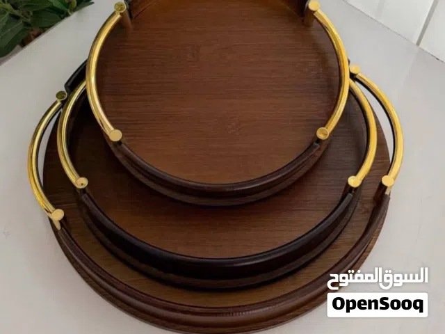 طقم صوانى خشب بامبو مدور  بيد استيل دهبي