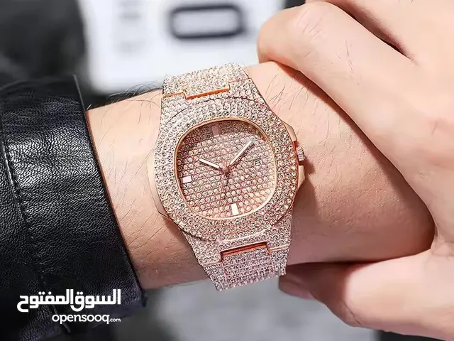 Rose Gold Men's Fashion Bundle: Hip-hop Cuban Bracelet, Steel Band Faux Diamond Watch