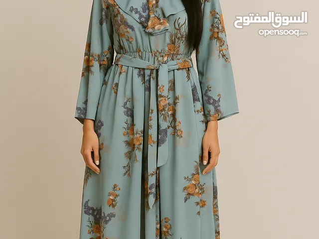 كسوة طويلة صيفية وانيقة ومريحة بطبعة ورود ناعمة بلون ازرق سماوي وتصميم كلاسيكي بلمسة انثوية جذابة